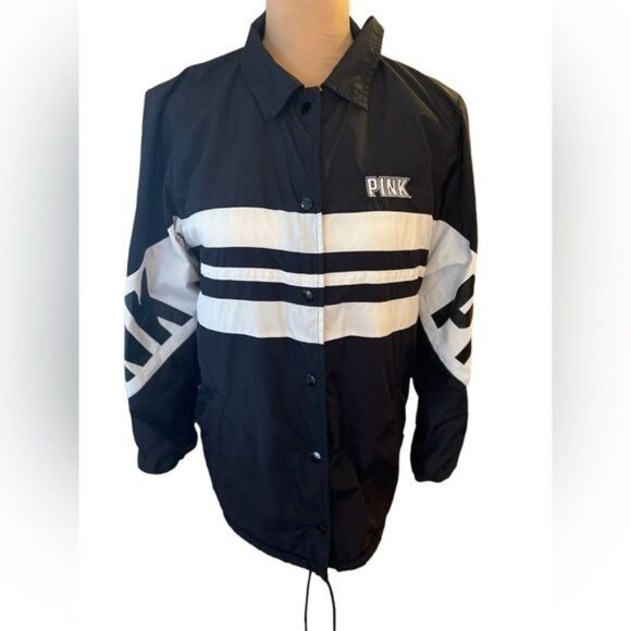 Victoria's Secret Pink Sherpa Lined Snap Button Coaches Jacket Black Logo Small - Picture 2 of 13